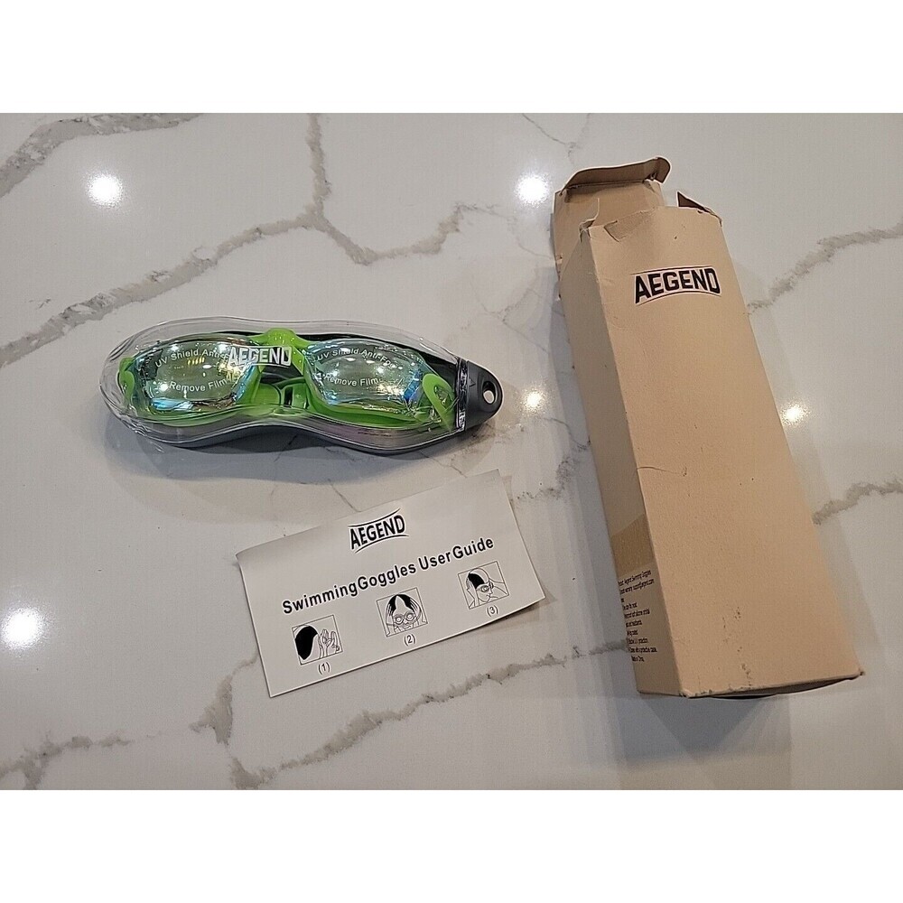 Aegend Lime Green Swim Goggles with Case, UV shield, anti fog and NEW IN BOX NIB